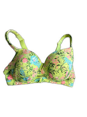 Cacique Bra 40D Lime Green Floral Plunge Underwire Lightly Lined Full Coverage